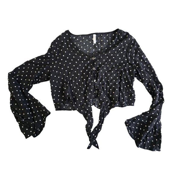 Xhilaration Black & White Polka Dot Long Sleeve Tie-Front Crop Top M - Picture 1 of 5
